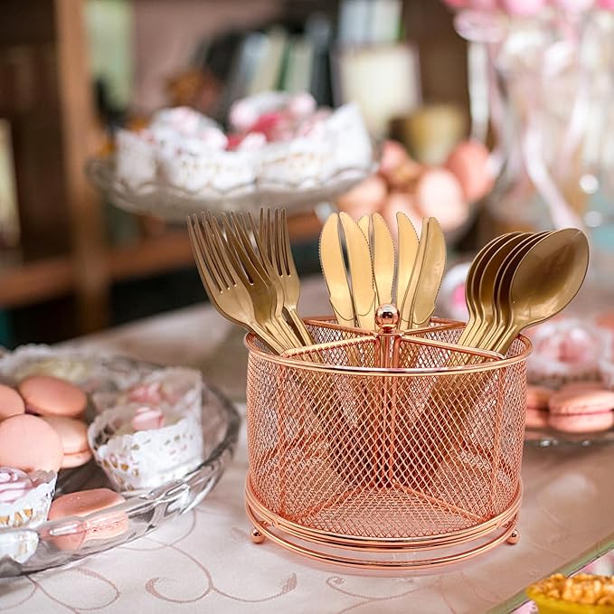 DysanVica 360 Rotating Metal Utensil Caddy - 4 Compartment Silverware Cutlery Holder Fork Spoon Napkin Organizer Flatware Storage Basket Party Countertop Buffet Picnic Camping Outdoor Rose Gold Pink