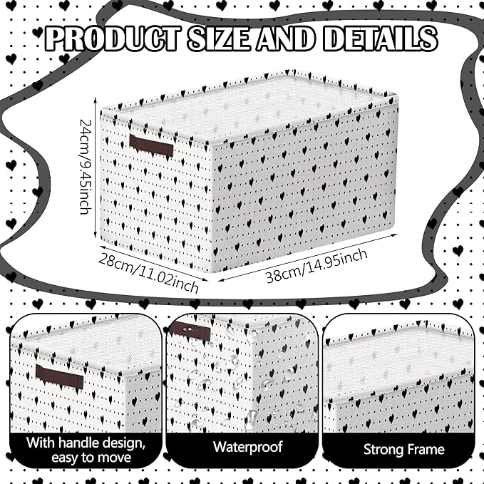 Geelin 3 Pcs Valentines Baskets Storage Valentine's Day Basket for Gifts Collapsible Waterproof Canvas Black and White Heart Storage Bin Organizer with Handles for Book Closet Shelf Nursery Decor