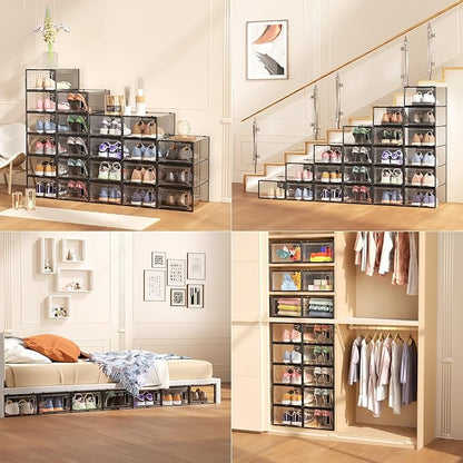 12 Pack X-Large Clear Shoe Storage Boxes, Stackable Modular Plastic Shoe Organizer Front-Opening Door, Fits up to US Size 9 to13, Ventilated Dust-Proof Sneaker Display Cases Closet and Entryway, Black
