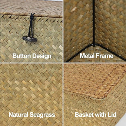 Wicker Basket with Lid, Natural Seagrass Storage Baskets for Organizing, Woven Basket for Storage, Decorative Boxes Bins with Lids Home Organizer Decor (‎Natural, Small)
