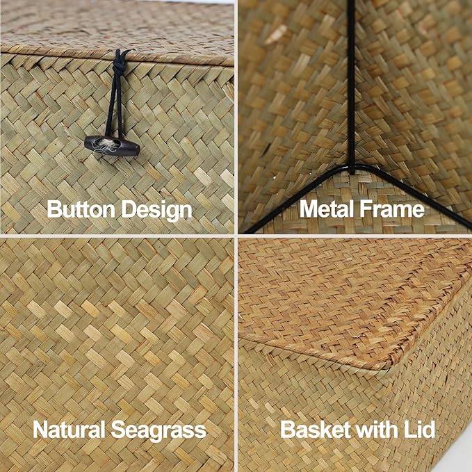Wicker Storage Basket with Lid, Natural Seagrass Storage Baskets for Organizing, Rectangular Woven Basket for Storage, Decorative Boxes Bins with Lids Home Organizer Decor