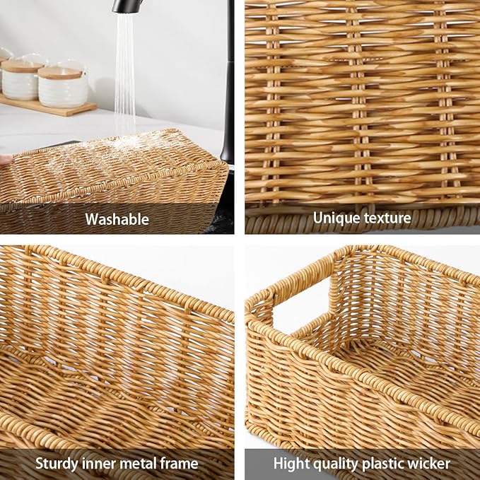 Toilet Paper Storage Basket, Small Wicker Shelf Basket Rectangle Pantry Baskets for Storage Organizer, Cute Baskets for Bathroom Bedroom Kitchen Shelves Decor (Beige)