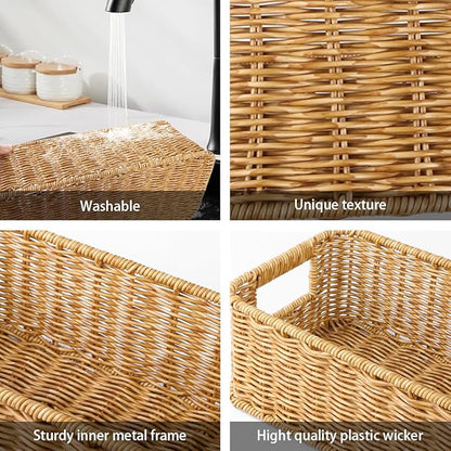 Toilet Paper Storage Basket, Small Wicker Shelf Basket Rectangle Pantry Baskets for Storage Organizer, Cute Baskets for Bathroom Bedroom Kitchen Shelves Decor (Beige)