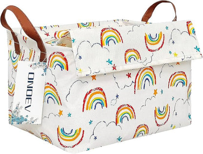 Rectangular Rainbow Storage Basket for Kids,Collapsible Fabric Toy Storage Bin with lid,Cute Cloud Star Pattern Organizer for Children's Room,Nursery,Playroom,Closet (Rainbow with lid)