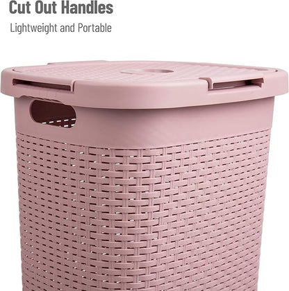 Mind Reader Slim Laundry Hamper with Lid, 60L Tall Clothes Basket, Narrow Tapered Design for Bathrooms, Closets and Laundry Rooms, Plastic, Pink