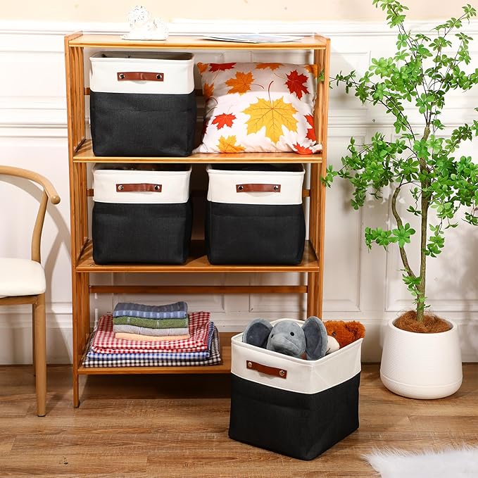 Uiifan 8 Pack 12 x 12 x 12 Inch Large Storage Baskets Collapsible Fabric Storage Cubes Bins with Handles for Shelves Closets Nursery Home Clothes Toys Organizers, Black