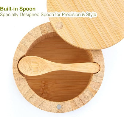 Bamboo Salt Cellar with Lid & Spoon – 6oz Magnetic Swivel Top Spice Container – Airtight Kitchen Storage for Salt, Spices – Stylish Bamboo Design with Easy Seal Magnetic Lid