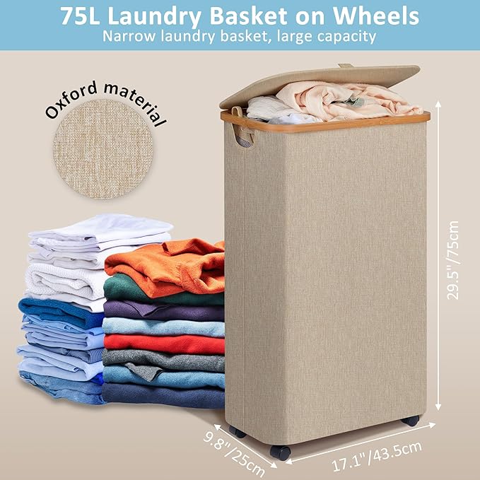 efluky Slim Laundry Hamper with Wheels, Narrow Laundry Basket with Lid and Removable Bag, Aesthetic Dirty Clothes Hamper on Wheels for Laundry Room, Bedroom, Dorm and Bathroom, 75L Beige