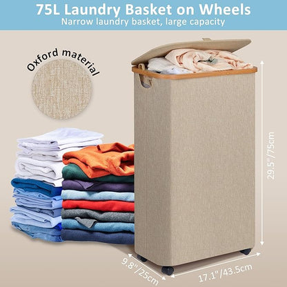 efluky Slim Laundry Hamper with Wheels, Narrow Laundry Basket with Lid and Removable Bag, Aesthetic Dirty Clothes Hamper on Wheels for Laundry Room, Bedroom, Dorm and Bathroom, 75L Beige