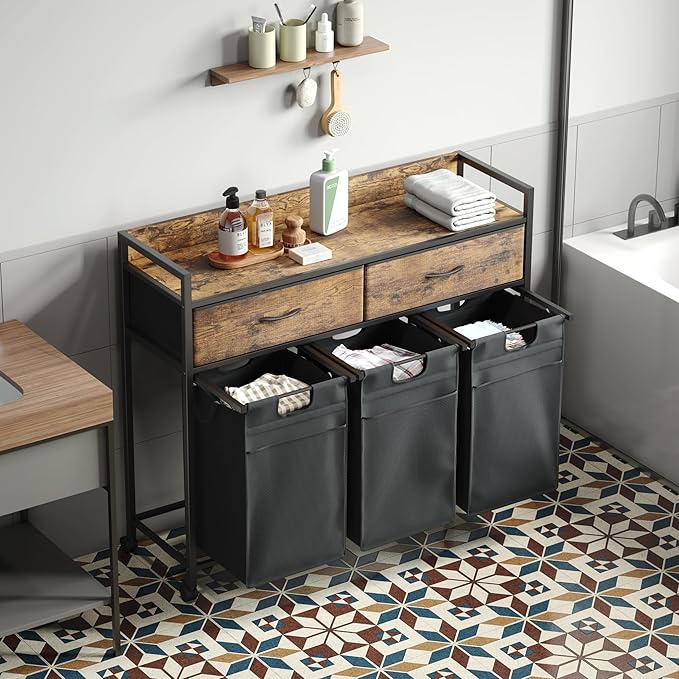 Mondeer Laundry Sorter with 2 Drawers, 150L with Pull-Out Removable Laundry Bags, Laundry Hamper Baskets with 3 Section and Wheels, Rustic Brown and Black