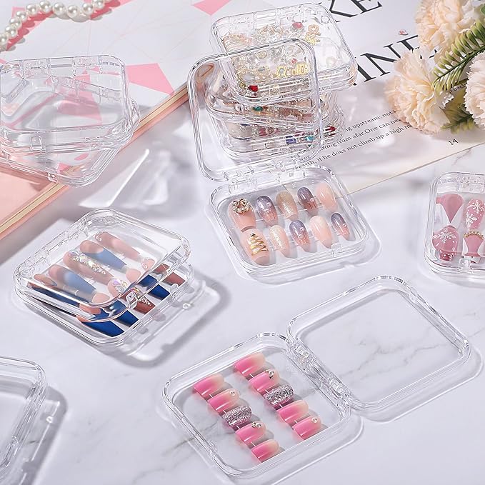 Noverlife 27 Set Press-On Nail Packaging Display Box w/ Adhesive Tape, 3x3" Clear Fake Nail Storage Container