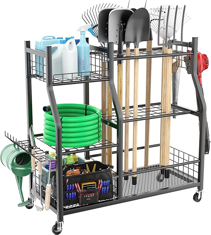 Extra Large Garden Tool Organizer Rack with Wheels, 3x2 Heavy Duty Garage Storage Stand Holds 60+ Tools, Black