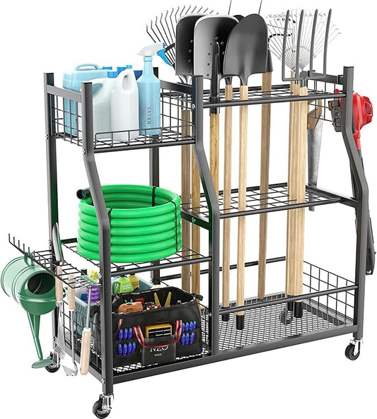 Extra Large Garden Tool Organizer Rack with Wheels, 3x2 Heavy Duty Garage Storage Stand Holds 60+ Tools, Black