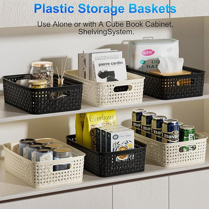 FUCDTEFC White Plastic Basket, 8 Pack Home Organization and Storage Baskets with Handles, Space Saving Woven Organizer Bins Plastic Storage Basket for Organizing Cabinets,Closets, Shelves, Countertops