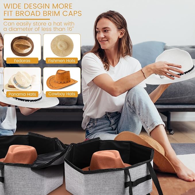 Wonderjune 2 Pcs Cowboy Hat Box for Storage Collapsible Sturdy Cowboy Hat Case with Handle for Men and Women Travel Storage Organizer Large Cap Bag for Closet(Gray)