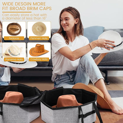 Wonderjune 2 Pcs Cowboy Hat Box for Storage Collapsible Sturdy Cowboy Hat Case with Handle for Men and Women Travel Storage Organizer Large Cap Bag for Closet(Gray)