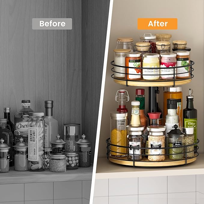 Lazy Susan Spice Rack Organizer Turntable Height Adjustable, 12 Inch Wood Lazy Susan 2 Tier, Rotating Spice Rack Organizer for Cabinet Dining Table Top Kitchen Bathroom Countertop Black