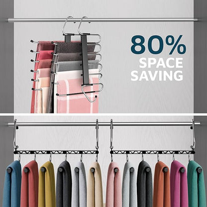 Black Space Saving Pants Hangers 4 Pack, 6 Layer Jeans Hangers & Closet Organizer for Jeans, Scarves, Skirts, Multi-Layer Hanger with Anti-Slip Coating & Stopper, Heavy-Duty S-Type Stainless Steel