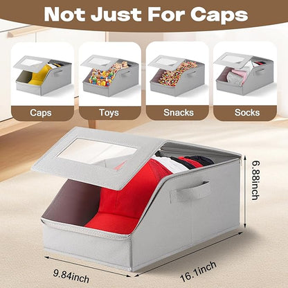 VZZNN Stackable Hat Organizer for Baseball Caps, Hat Storage - Holds 12 Caps, Clear View Lid, Space Saving Closet Storage (Set of 4, Breathable Fabric)