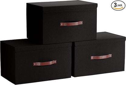 Ornavo Home 3 Pack Collapsible Storage Bins with Lid, Foldable Linen Fabric Shelf Storage Basket Closet Organizer and Large Storage Box for Clothes with Leather Handles, 15 x 10 x 9, Black