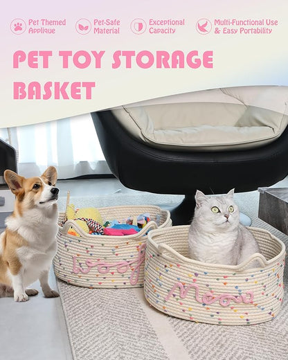 Sea Team Cat Toy Basket with Handles, 16.5 x 11 x 7 Inches, 4.4 Gallons Large Cotton Rope Storage Bin, Box, Shelf Organizer for Pet Chew Toys, Foods, Rainbow Meow