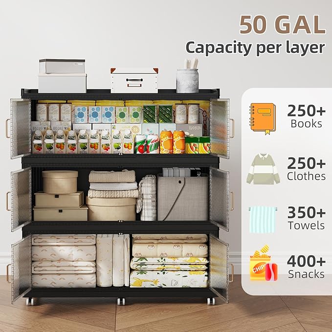 SAILUN 240Gal Extra Large Stackable Storage Bins with a Lid, Collapsible Storage Bins With Doors and Wheels, Foldable Storage Cabinet for Garage Closet Organization, Black, 3Pack 39.4" W