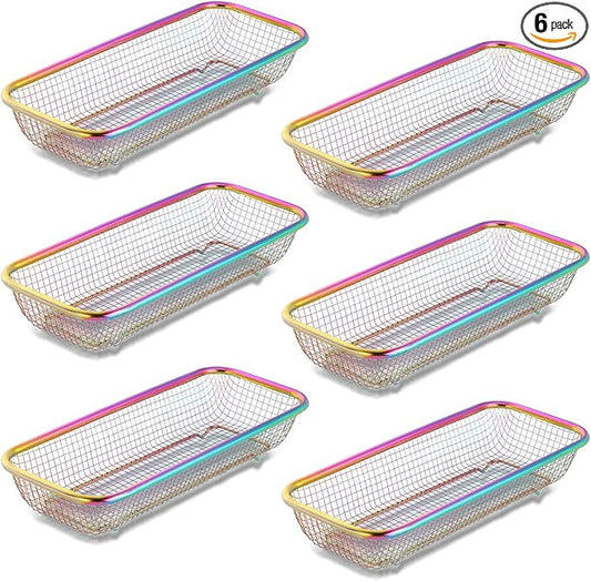 Buyer Star Stainless Steel Cutlery Drawer Organizer Pack of 6, Rainbow Mesh Storage Baskets with 4 Triangle Racks, Stackable Utensil Holder for Holding Flatware Kitchen Utensil