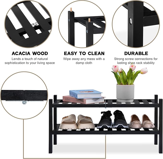 VICTORY RELAX 2-Tier Acacia Wood Shoe Rack - Stackable Entryway Organizer for Closet, Entryway, Easy Assembly, Indoor/Outdoor Storage Stand (Black)