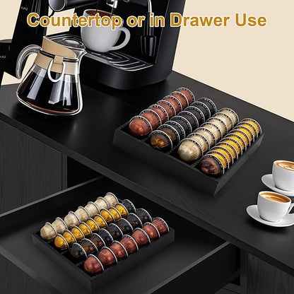 MinBoo Bamboo Coffee Capsule Storage Drawer Tray, Bamboo Drawer Insert Organizer Holds Coffee Pods, Compatible with Vertuoline Capsules, Suitable for Kitchen, Home, Office,Black