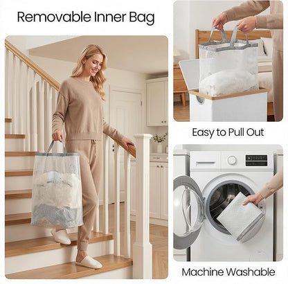 efluky Laundry Basket with Lid and Removable Bag, 100L Tall Laundry Hamper with Bamboo Handles, Aesthetic Dirty Clothes Bin for Laundry Room, Bathroom, Bedroom and Dorm, Light Grey