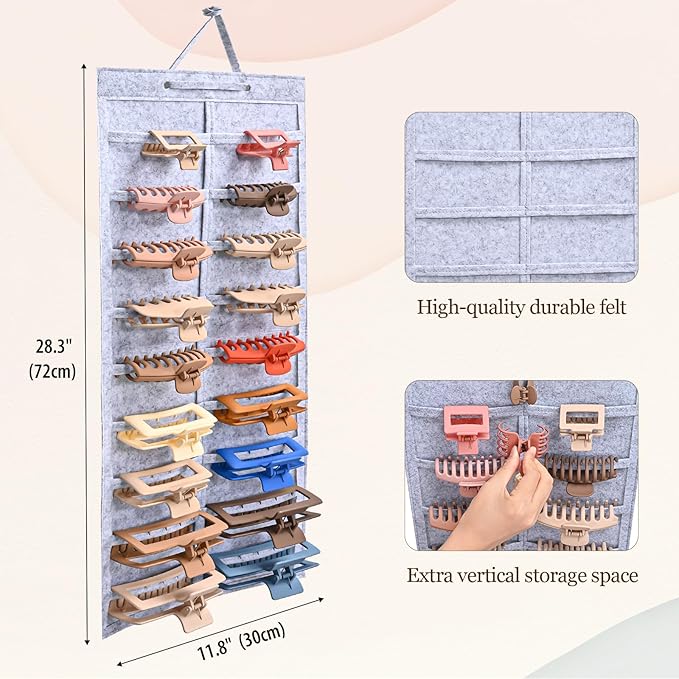 Lolalet Hair Claw Clip Organizer, 2 Pack Hanging Hair Clip Organizer Storage for Women Girl, Wall-Mounted Hair Claw Clip Holder Organizer, Claw Clip Storage Display for Wall Door Closet -Grey