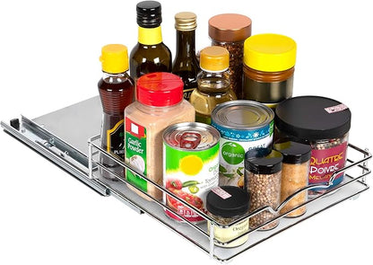 Pull-Out Cabinet Spice Rack Organizer - Slim Slide-Out Storage for Spices, Bottles & Jars, Premium Heavy-Duty Steel, Easy Install for Narrow Kitchen Cabinets - 10 ⅜ W x 10 ⅜ D x 2 ¾ H, Chrome
