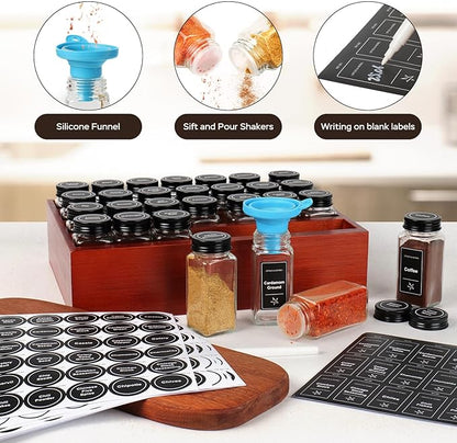 Bamboo Spice Rack Organizer with 28 Spice Jars, 780 Labels, 4 Tier Wood Hanging Shelf, Chalk Marker and Funnel Set for Drawer Cabinet Kitchen Countertop Wall Mount, Empty 4 oz Glass Jars-Cherry Stain