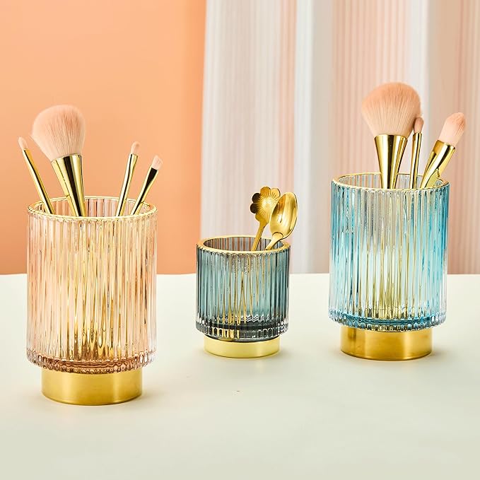 Makeup Brush Holder Organizer,Toothbrush Holders,Desk Pen Pencil Holder,Multifunctional Vintage Glass Brush Cup（L/Blue/A3-8-US）