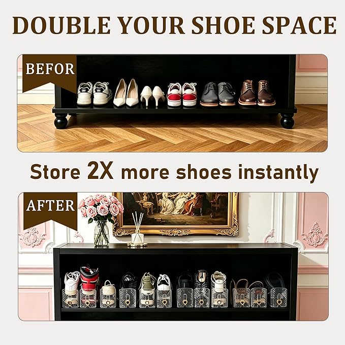 Shoe Stacker 12 Pack, Shoe Slots Organizer for Closet, 3 Levels Adjustable Shoe Space Saver to Save 50% Space, Clear Anti Slip Shoe Rack Organizer Holders for Sneakers, Heels & Sandals