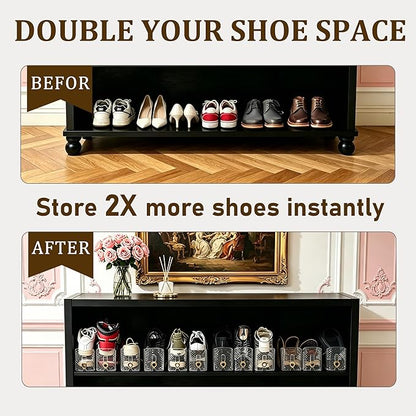 Shoe Stacker 12 Pack, Shoe Slots Organizer for Closet, 3 Levels Adjustable Shoe Space Saver to Save 50% Space, Clear Anti Slip Shoe Rack Organizer Holders for Sneakers, Heels & Sandals