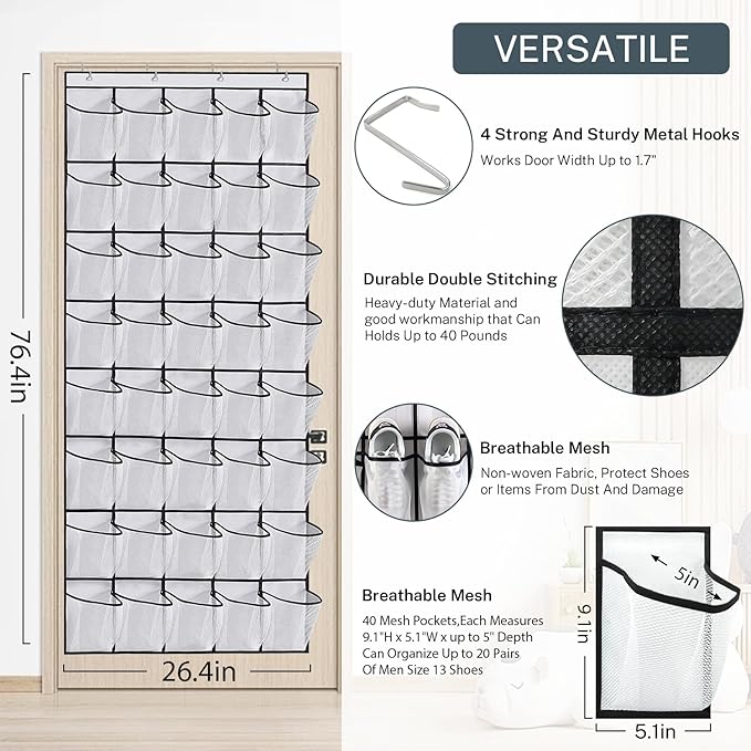 40-Pocket Over the Door Shoe Organizer - Large Mesh Pocket Hanging Shoe Organizer,Behind the Door Shoes Storage Holder Hanger (Pink)