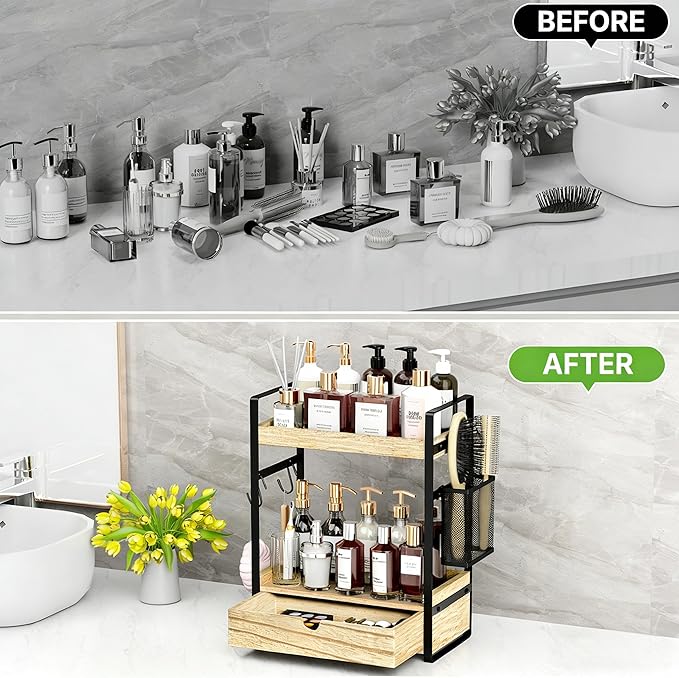2-Tier Bathroom Counter Organizer with Drawer Basket and Hooks, Wood Bathroom Organizers and Storage for countertop, Farmhouse Brown Countertop Organizer, Counter Shelf for Vanity, Kitchen, Office
