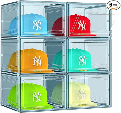 SCAVATA 6 Pack Hat Organizer Box, Stackable Clear Baseball Caps Holder Box Containers with Magnetic Door for Hats Snapback Cap Storag, Hat Rack Display Case, Holds 8 Hats Each (Blue)