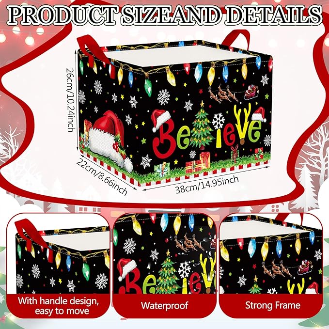 Geelin 3 Pcs Green Christmas Baskets Storage Black Green Merry Christmas Basket for Gifts Collapsible Waterproof Canvas Xmas Storage Bin Organizer with Handles for Book Closet Shelf Nursery Decor