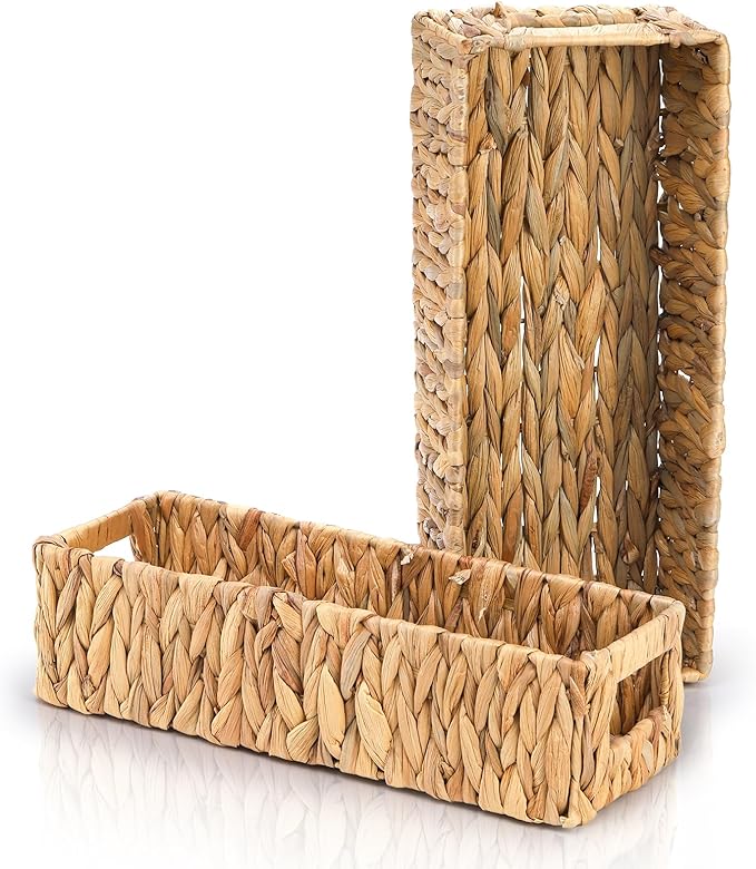 Eorbow 2 Pack Wicker Storage Baskets, Water Hyacinth Holder for Toilet Paper, Rectangular Natural Bins with Built-in Handles, Handwoven Organizer for Bathroom Kitchen Pantry Tank Top, 2 Sizes