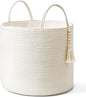 Mkono Woven Storage Basket Decorative Natural Rope Basket Wooden Bead Decoration for Blankets,Toys,Clothes,Shoes,Plant Organizer Bin with Handles Living Room Home Decor, White, 16" W × 13.8"L