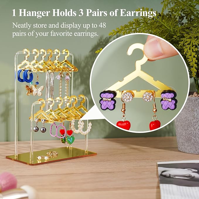 NiHome Glitter Acrylic Earring Holder with Unique Double-Tiered Design, Miniature Clothing Hangers with Spacious Storage for 48 Pairs, Mirror-Finish Display for Home Vanity & Retail Showrooms(Gold)