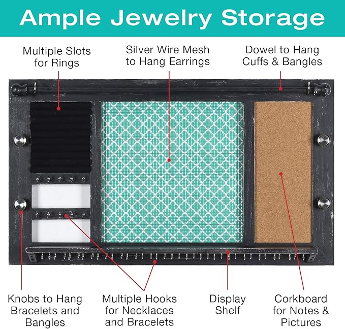 Large Rustic Wall Mounted Jewelry Organizer: 28"x16" Shabby Chic Jewelry Box Alternative Hanging Jewelry Organizer for Earings Necklaces Bracelets Accessories Bangles and Ring Holder (Black)