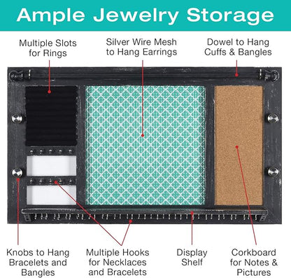 Large Rustic Wall Mounted Jewelry Organizer: 28"x16" Shabby Chic Jewelry Box Alternative Hanging Jewelry Organizer for Earings Necklaces Bracelets Accessories Bangles and Ring Holder (Black)