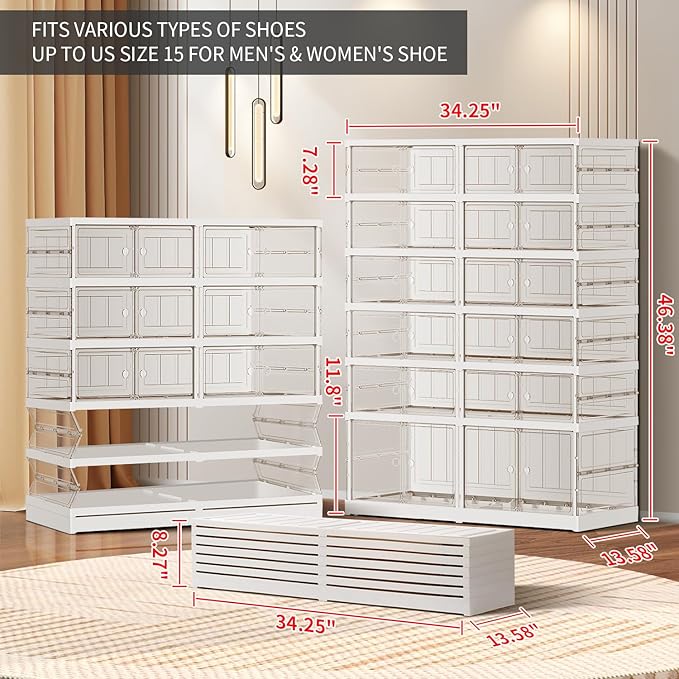 CIMLORD 6-Tier Foldable Shoe Rack for Closet Entryway 12-24Pairs,Stackable Clear Shoe Storage Boxes Organizer with Door Plastic Shoe Cabinet Bins with Lids Shoes Shelf Easy Assembly Large White