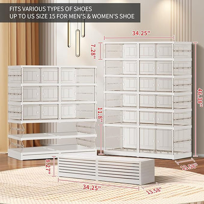 CIMLORD 6-Tier Foldable Shoe Rack for Closet Entryway 12-24Pairs,Stackable Clear Shoe Storage Boxes Organizer with Door Plastic Shoe Cabinet Bins with Lids Shoes Shelf Easy Assembly Large White