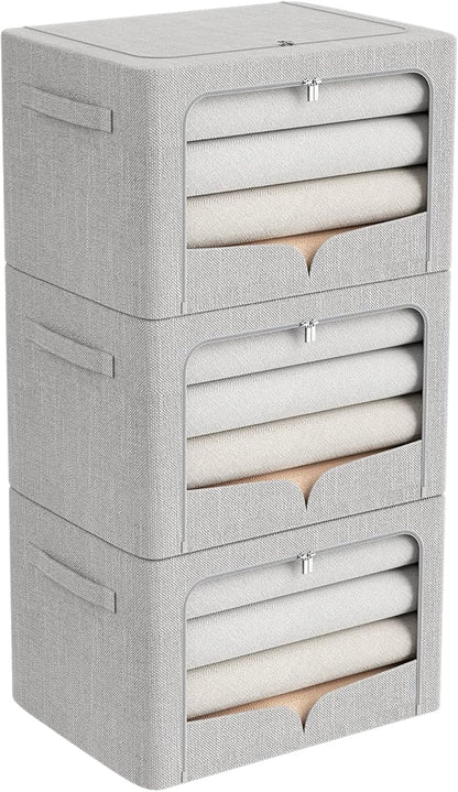 FHSQX 3 Pack Clothes Storage Bins - Foldable Metal Frame Storage Box - Stackable Linen Fabric Container Organizer Set with Carrying Handles and Clear Window (Light Gray, 19.7x15.7x13inch(66L))