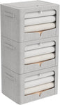 FHSQX 3 Pack Clothes Storage Bins - Foldable Metal Frame Storage Box - Stackable Linen Fabric Container Organizer Set with Carrying Handles and Clear Window (Light Gray, 19.7x15.7x13inch(66L))