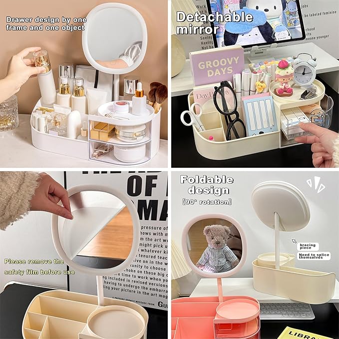DASITON Makeup Organizer with Rechargeable Mirror,Makeup Brush Holder with 2 Drawers,Skincare and Cosmetics Organizer Countertop,Large Capacity Cosmetic Display Case for Vanity,Bedroom,Bathroom(White)